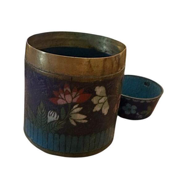 Pair x2 Ancient Chinese Cloisonne Jars Tea Caddy Box Floral Printed Enamel - Picture 5 of 7